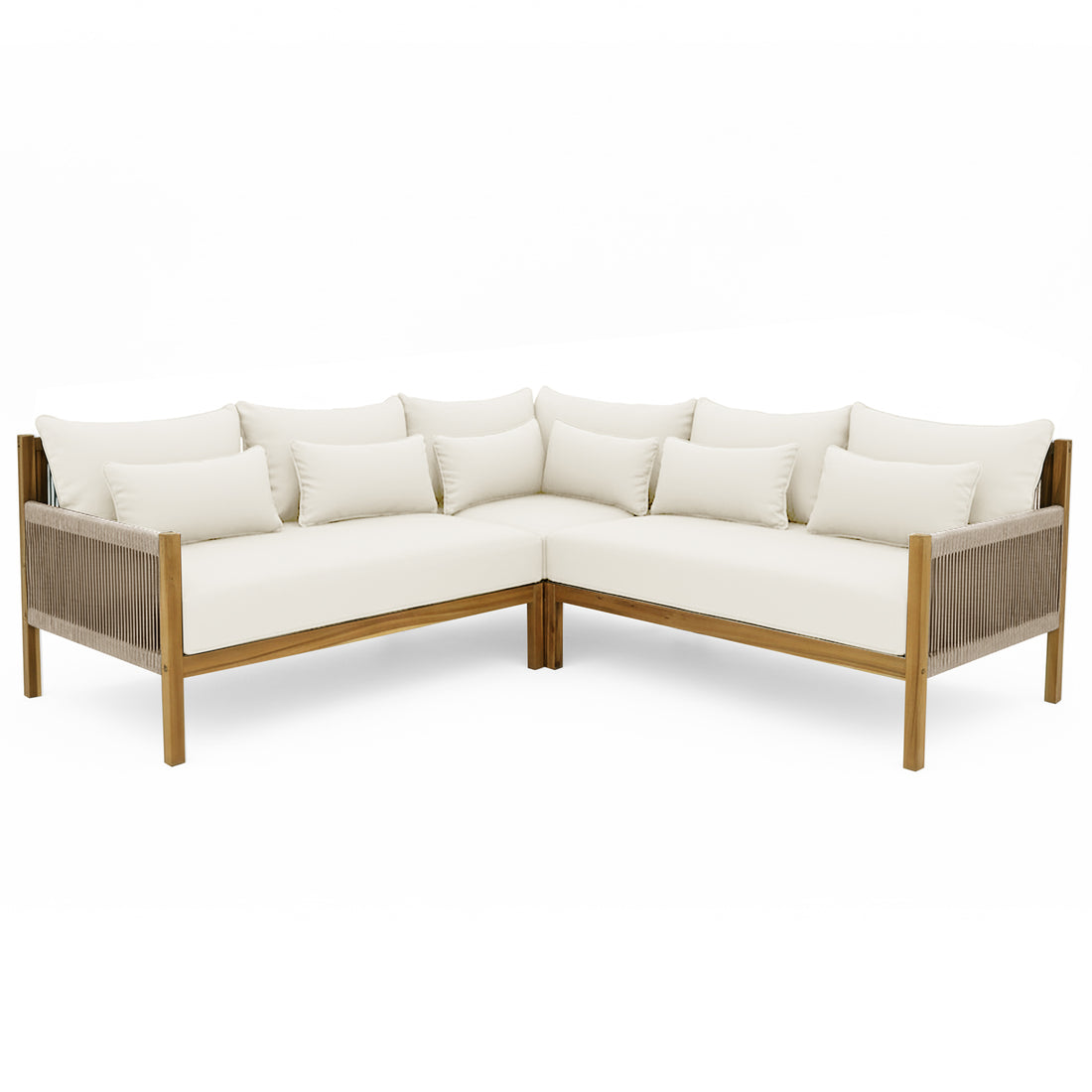 Tavi 5 Seater Solid Timber L Shape Outdoor Sofa features an L-shaped design with off-white cushions, a wooden frame, and woven rope details, offering spacious, stylish outdoor comfort.