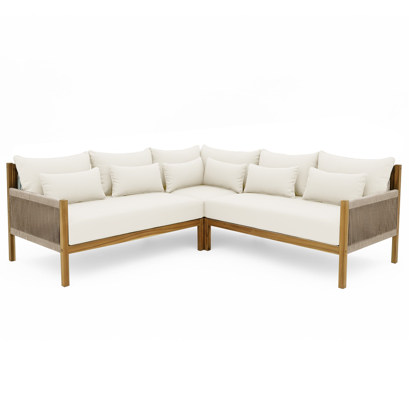 Tavi 5 Seater Solid Timber L Shape Outdoor Sofa features an L-shaped design with off-white cushions, a wooden frame, and woven rope details, offering spacious, stylish outdoor comfort.