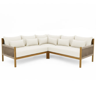 Tavi 5 Seater Solid Timber L Shape Outdoor Sofa features an L-shaped design with off-white cushions, a wooden frame, and woven rope details, offering spacious, stylish outdoor comfort.
