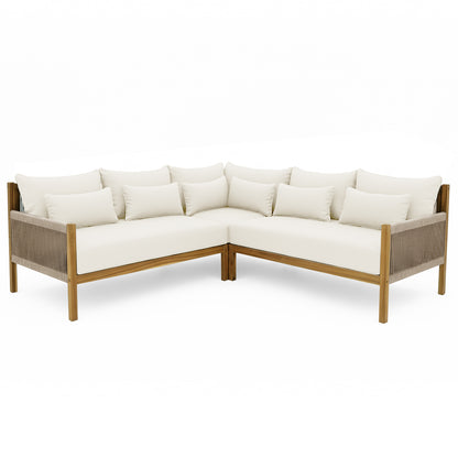 Tavi 5 Seater Solid Timber L Shape Outdoor Sofa features an L-shaped design with off-white cushions, a wooden frame, and woven rope details, offering spacious, stylish outdoor comfort.