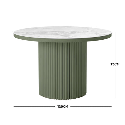 Evone Aluminium Outdoor Dining Table in Green, featuring a round marble-effect tabletop and fluted pedestal base; 120 cm diameter, 75 cm tall, designed for outdoor durability and effortless style.