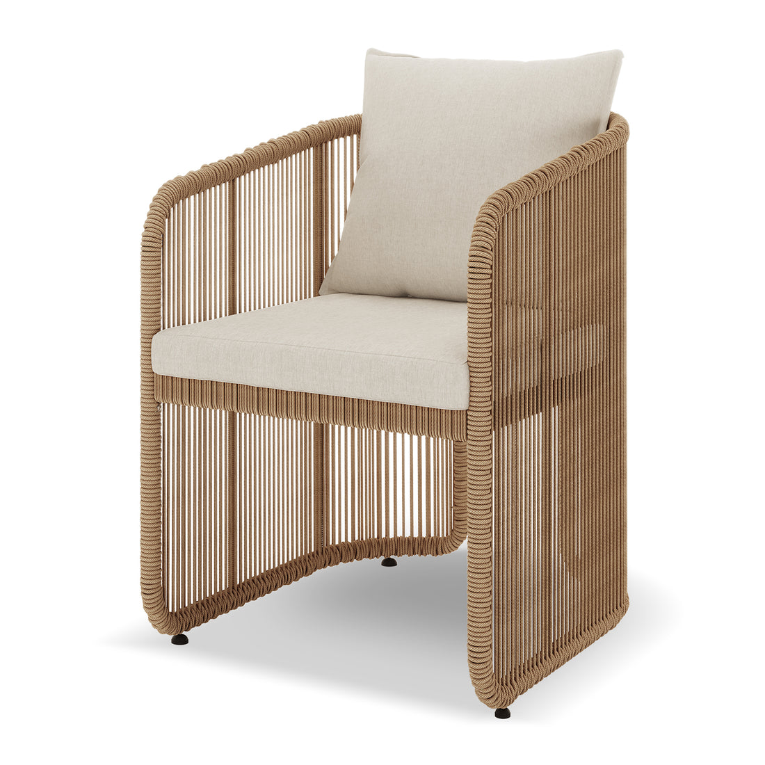 Vellora 4 Seater Wicker Outdoor Dining Set in Natural features a modern armchair with a woven-rope frame, light beige cushions, and a sleek metal structure, perfect for stylish indoor or patio seating.