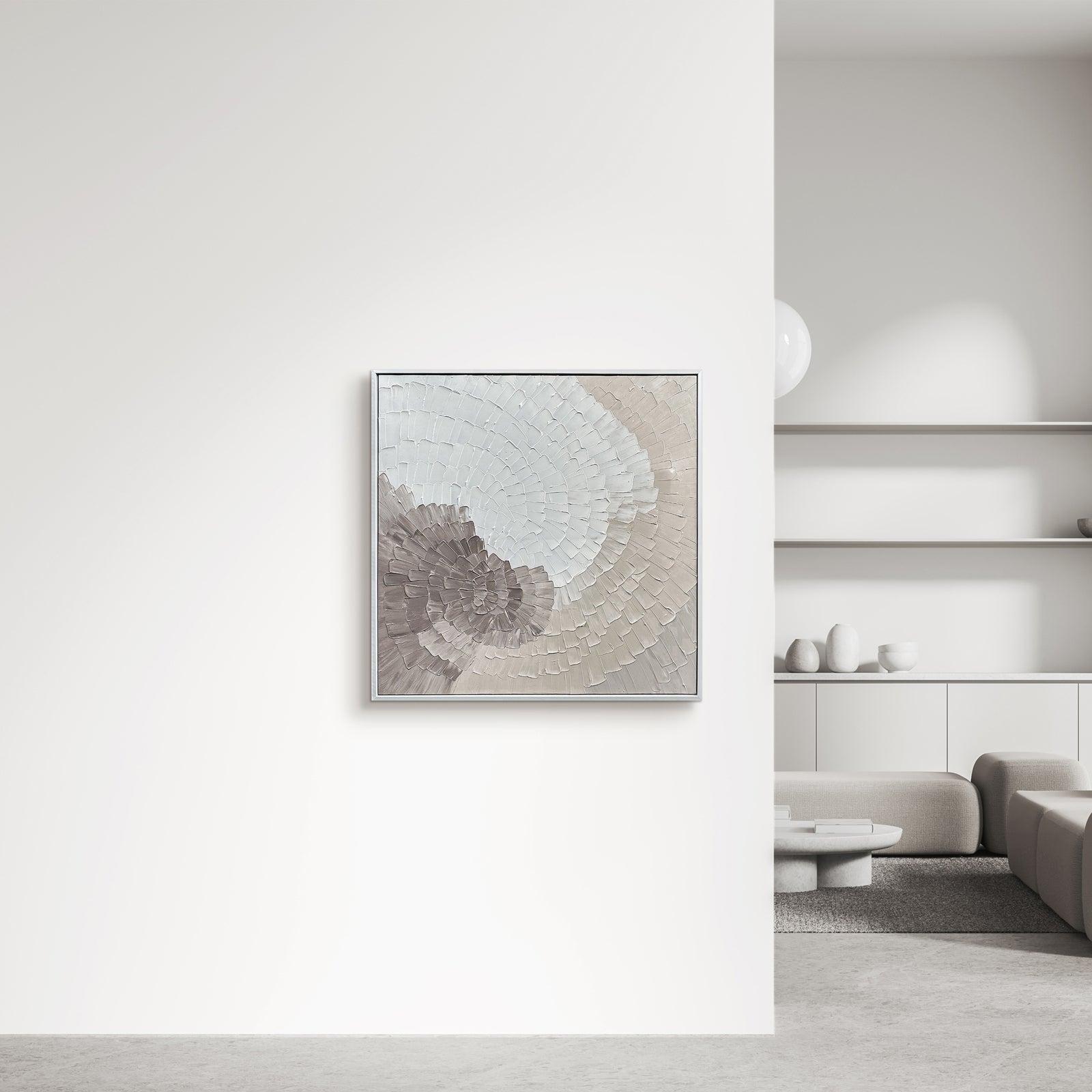 Zendaya Canvas Wall Art 105 x 105cm in White features concentric, petal-like strokes on a neutral-toned textured canvas, framed in minimalist white, enhancing the modern, serene living space.