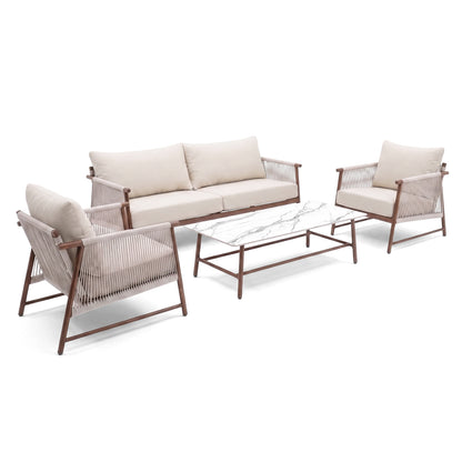 Modern seating set with sofa, two armchairs, and coffee table on white background