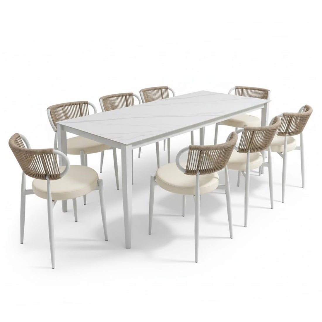 Cabria 9 Piece Sintered Stone Outdoor Dining Set in Beige features a marble-effect white table and eight chairs with metal legs, padded seats, and woven backrests for stylish, durable alfresco dining.