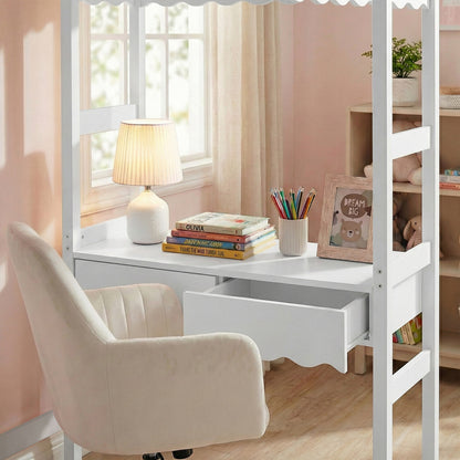 White children's desk in a styled pastel room