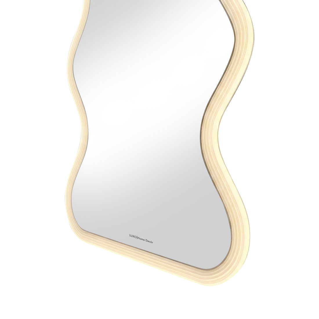 Full-length wavy wooden frame mirror on white background
