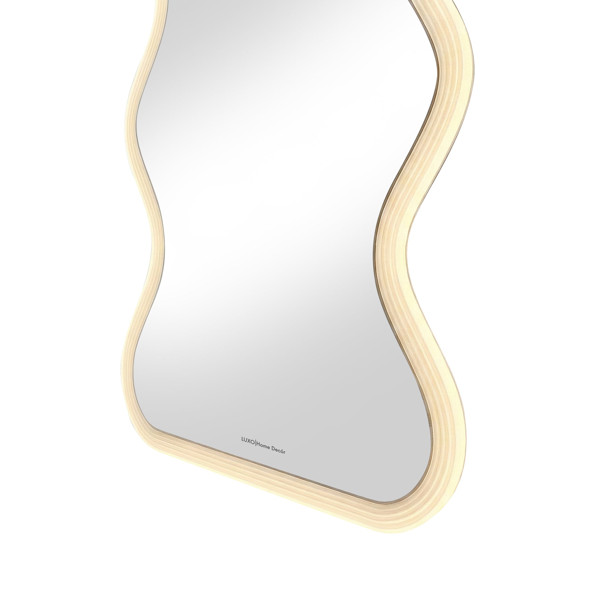 Full-length wavy wooden frame mirror on white background