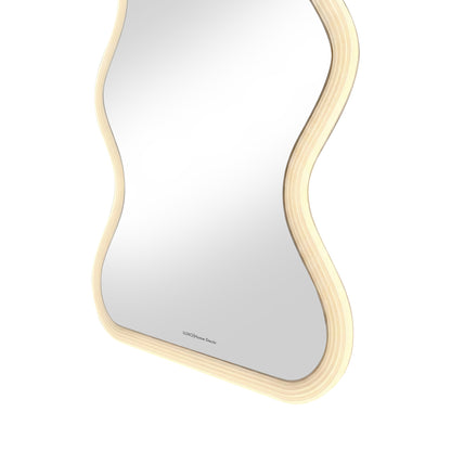 Full-length wavy wooden frame mirror on white background