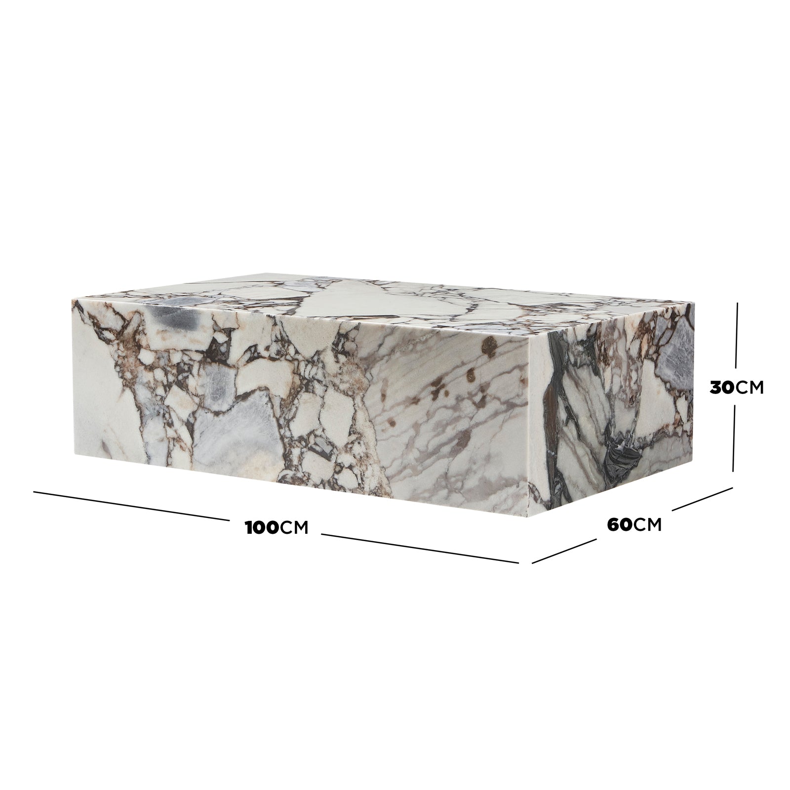 Solene 100cm Coffee Table in Blue Galaxy, a rectangular marble block with grey-brown veining, measures 100x60x30cm. Showcased on a white background, it combines elegance with practical low-maintenance design.