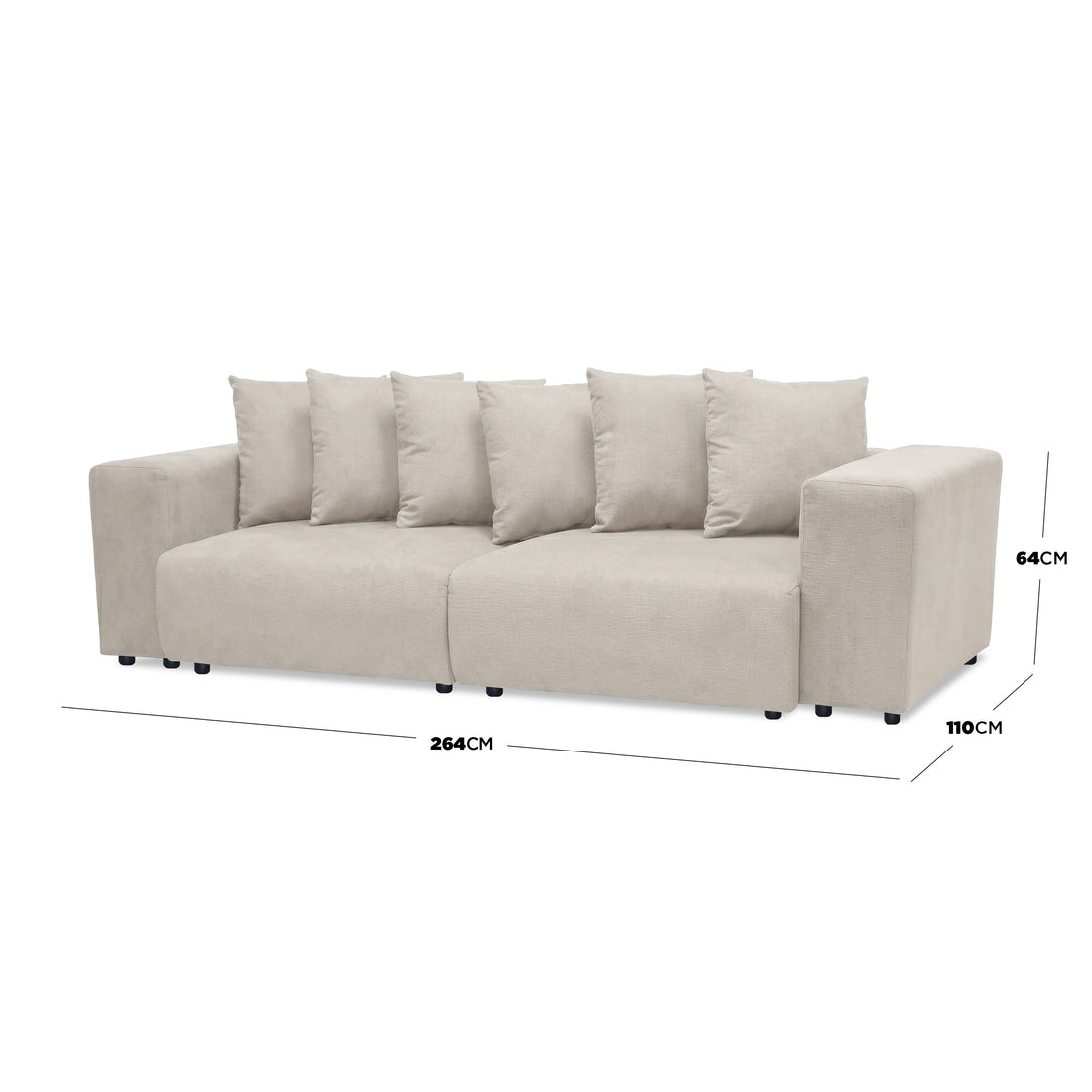 Beige sofa with dimension lines and measurements on white background
