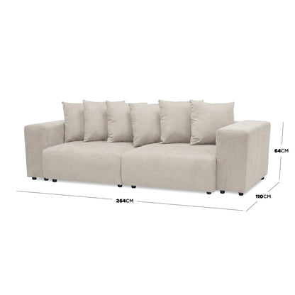 Beige sofa with dimension lines and measurements on white background