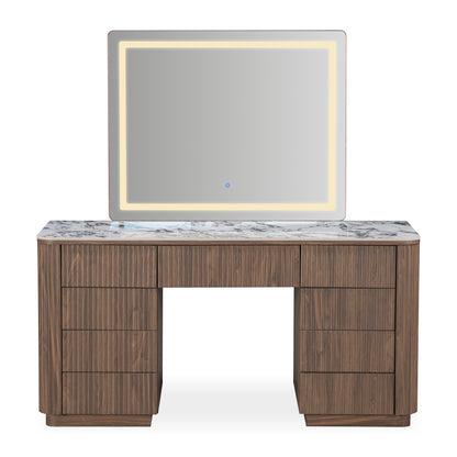 Modern vanity table with illuminated mirror on a white background