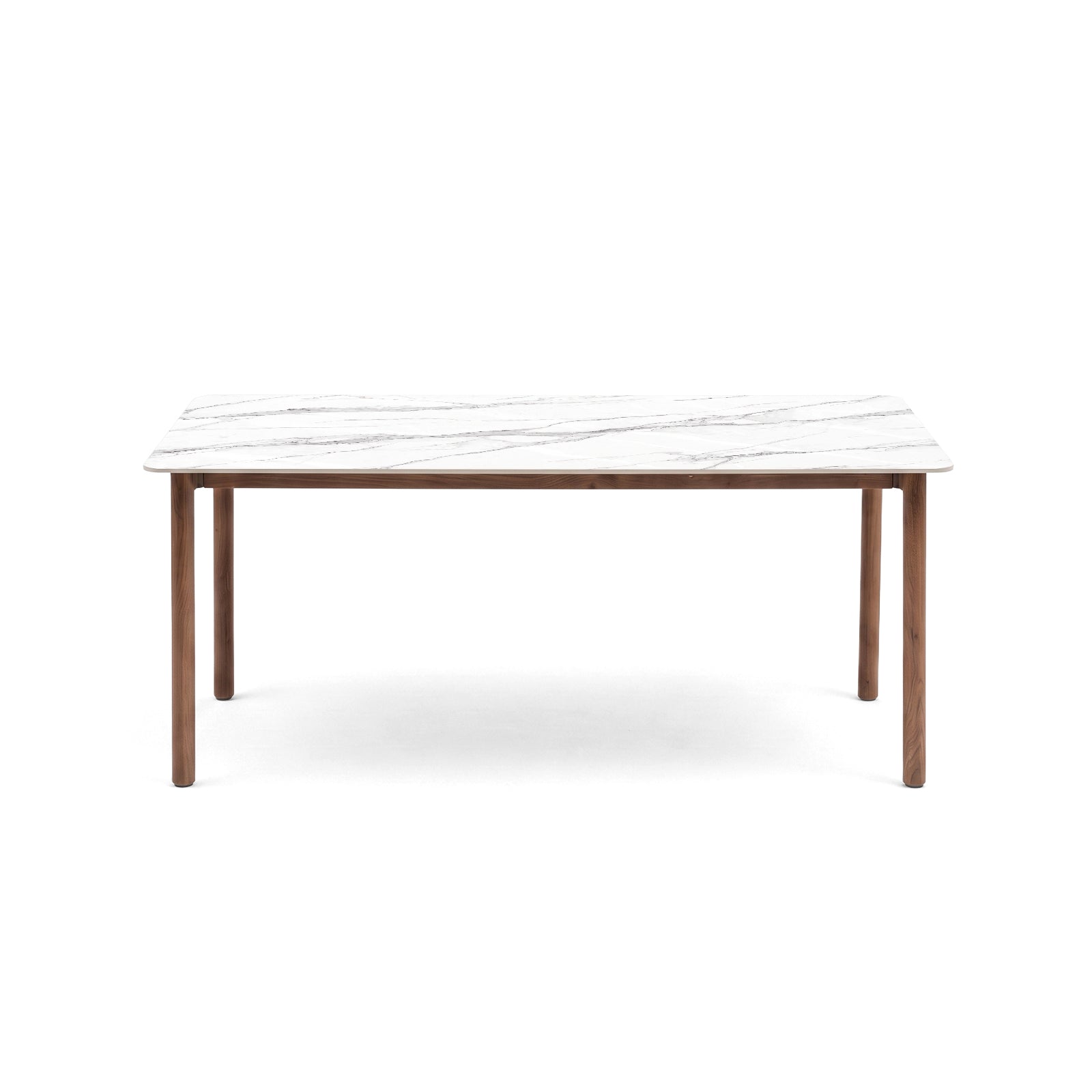 Rectangular dining table with white marble top and wooden legs on a white background