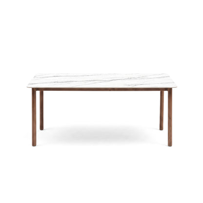 Rectangular dining table with white marble top and wooden legs on a white background