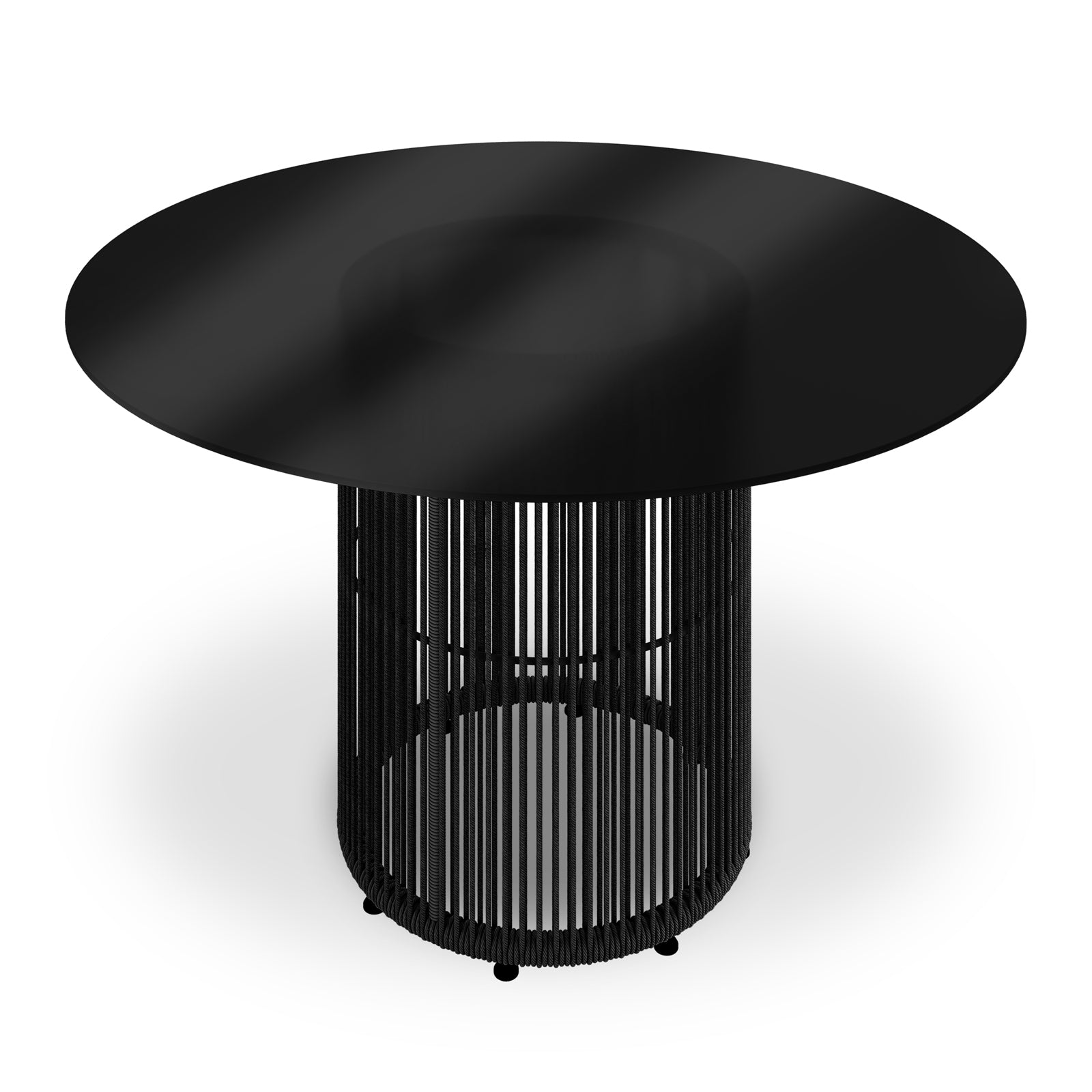 Vellora 4 Seater Wicker Outdoor Dining Set in Black features a round table with a tempered glass top and four wicker chairs with cushions, showcasing a modern, airy design ideal for alfresco dining.