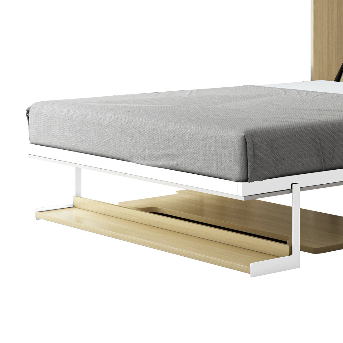 Logan Desk and Foldout Queen Wall Bed features a sleek white metal frame with a low-profile gray mattress, showcasing light-wood shelves underneath, exemplifying modern, space-saving design for versatile living.