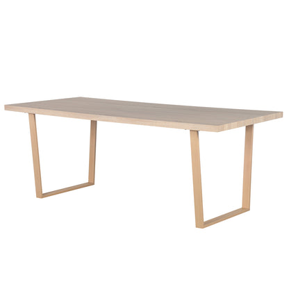 Oregon Dining Table with 8 Florida Chairs Set in Sand features a minimalist rectangular wooden table with light-wood tabletop and inverted-U legs, complemented by eight cozy sand-tone chairs for stylish gatherings.