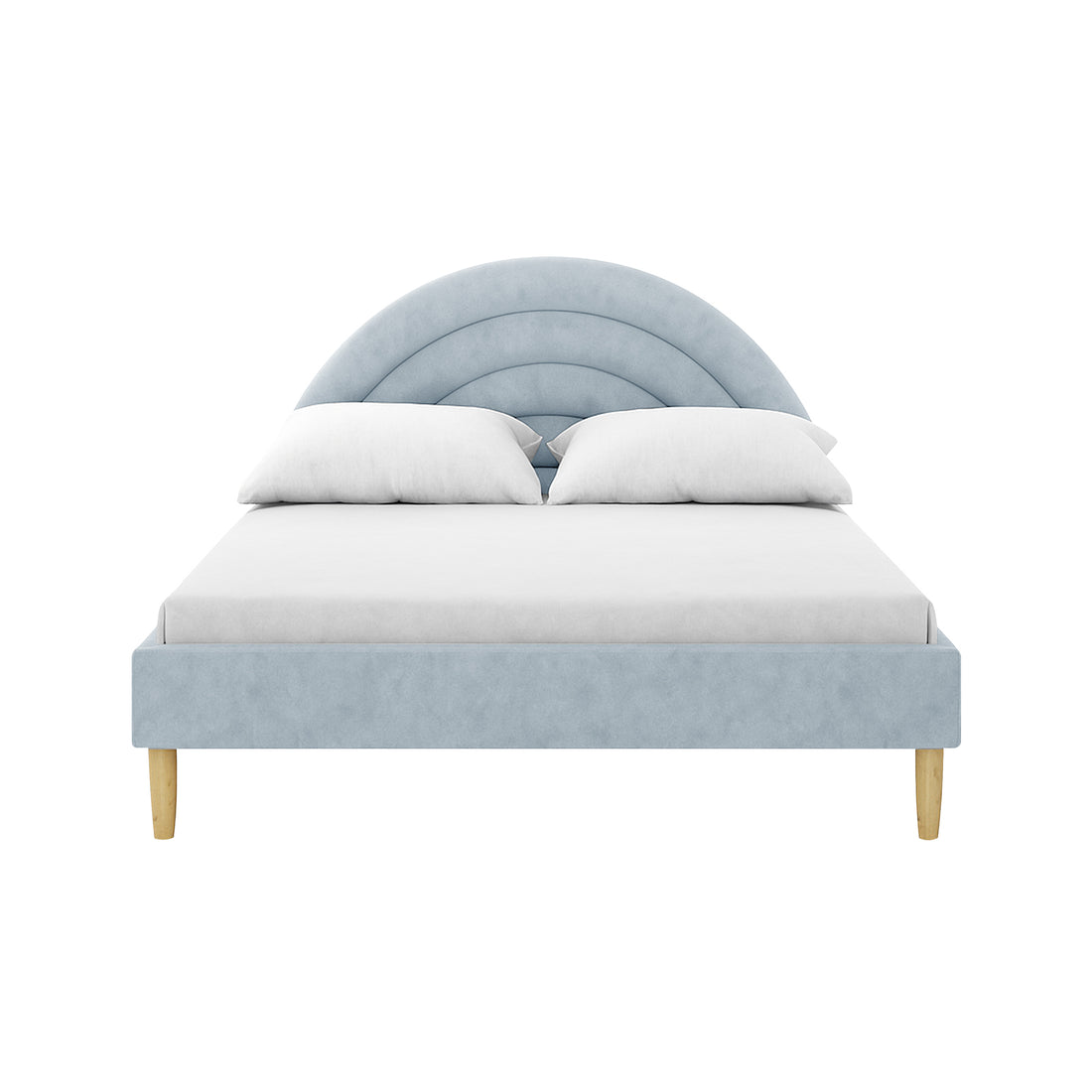 Estilla Velvet Rainbow Bed in Ice Blue features a scalloped headboard and light-blue upholstered frame with natural wood-toned legs, showcasing a white mattress and pillows against a plain backdrop.