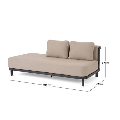 Beige chaise sofa on white background with dimension lines and measurements.
