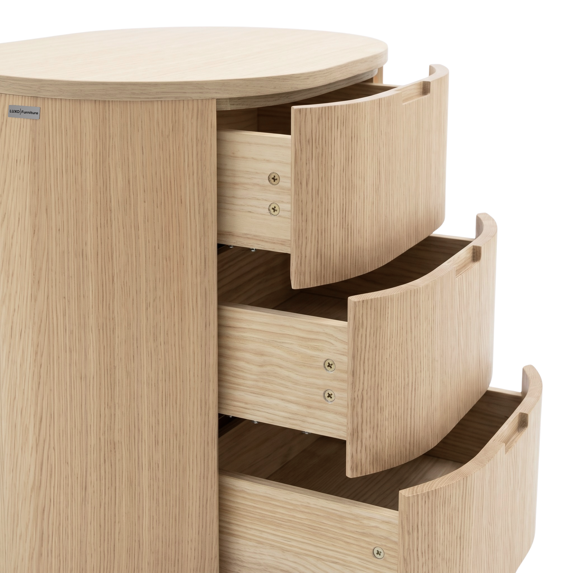 Light wood storage cabinet with partially opened drawers on a white background, cropped at the base