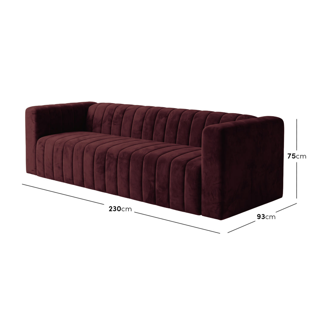 Dark Merlot sofa on white background with width, depth, and height measurements shown