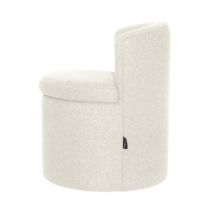 Sorra Bouclé Swivel Storage Accent Chair in Cream White, featuring a low, round ottoman design with a short, curved backrest and textured bouclé upholstery, providing hidden storage and smooth swivel functionality.