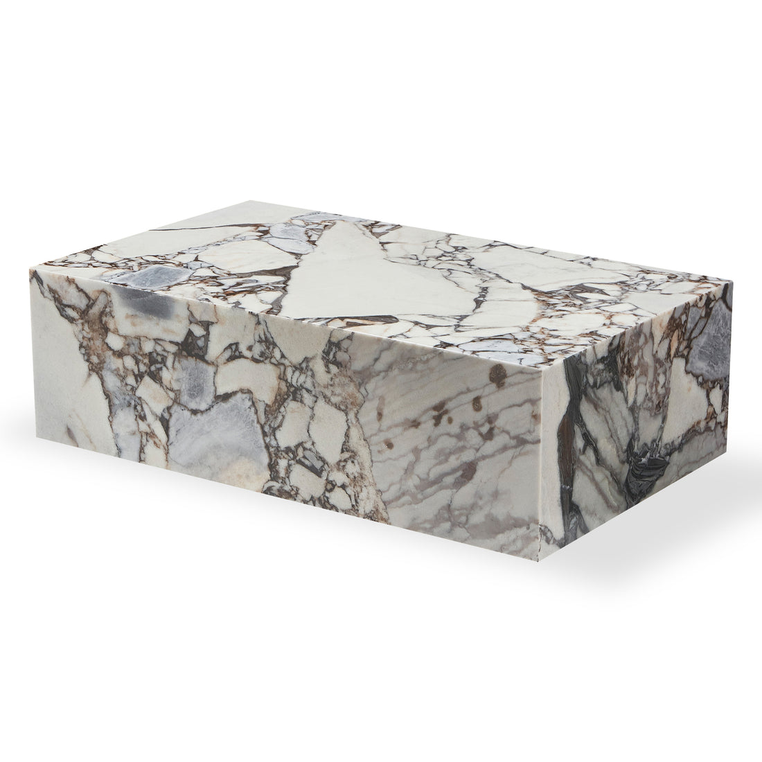 The Solene 100cm Coffee Table in Blue Galaxy showcases a polished marble-like block with unique veining, featuring sharp, clean edges. Its elegant design epitomizes sophistication and practicality for modern living spaces.