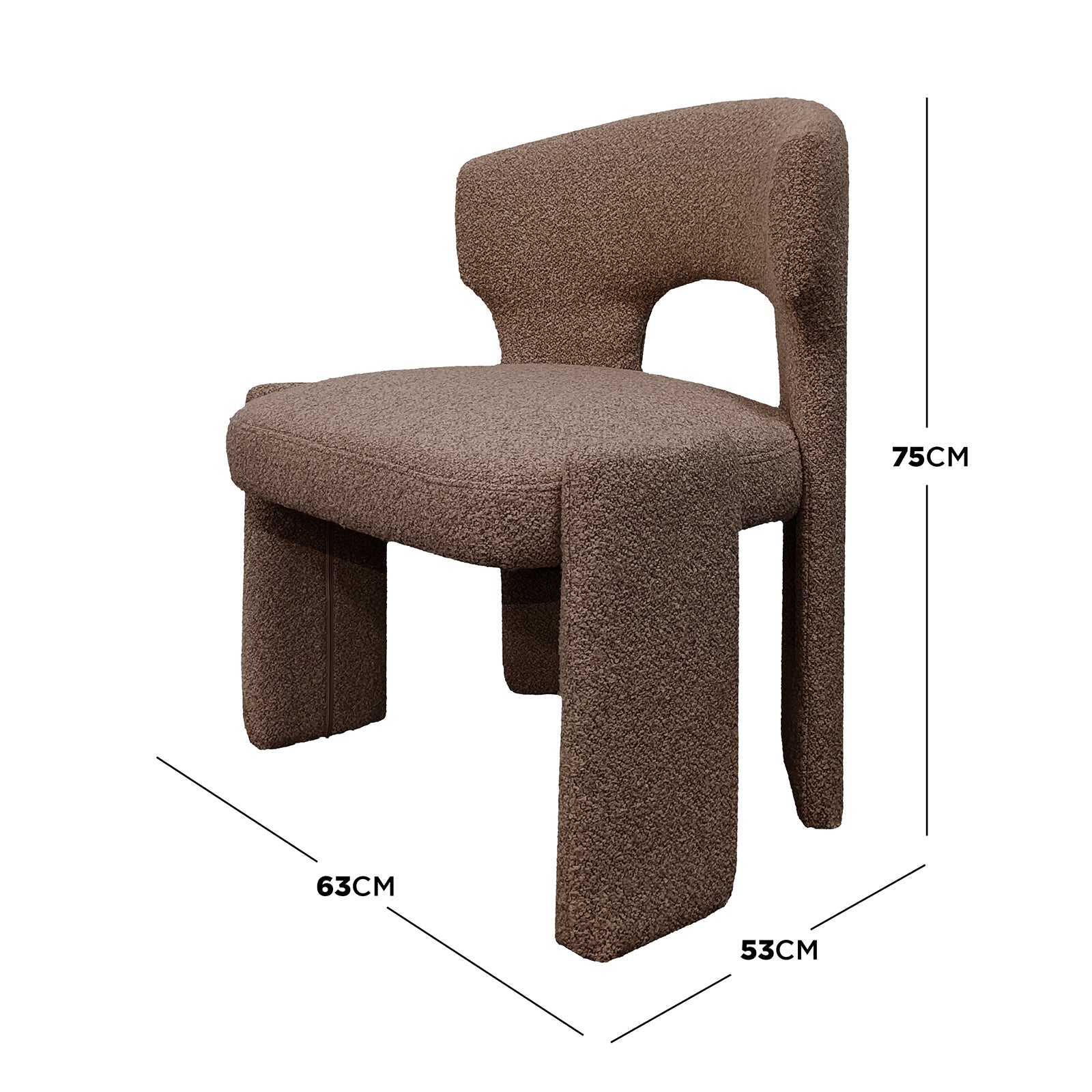 Lunari Bouclé Curved Accent Chair in Brown, featuring a textured fabric, low curved backrest with a cut-out, padded seat, and block-style legs, offering a sculptural, cozy design.