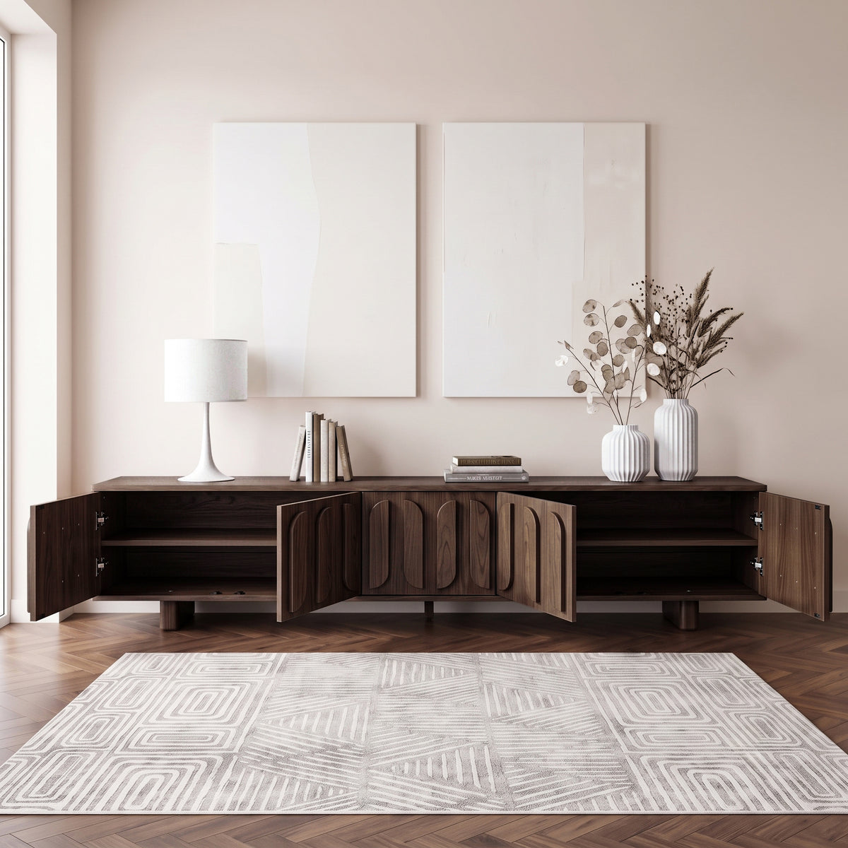 Dark wood sideboard styled in a modern living room