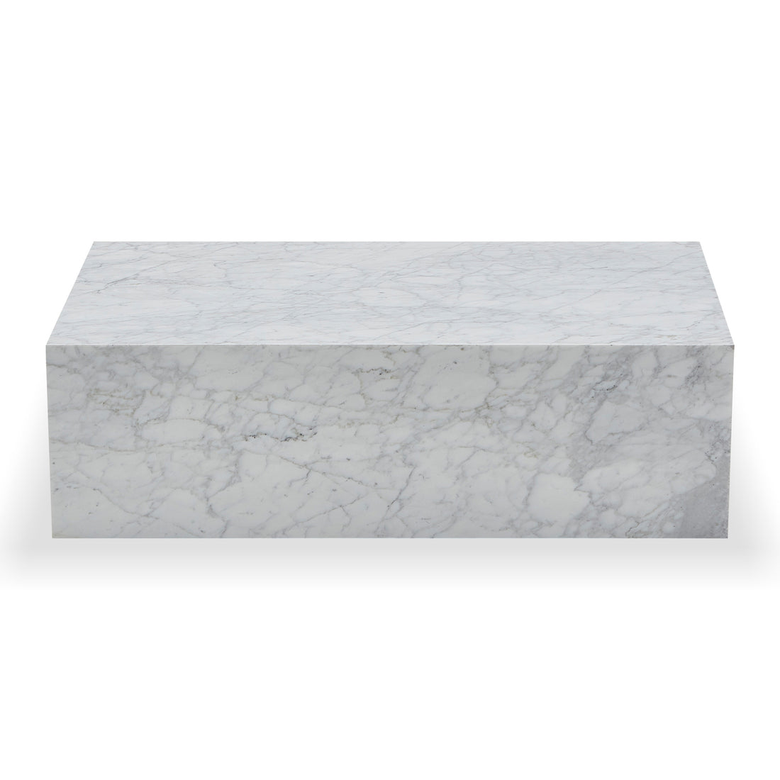 Solene 100cm Coffee Table in Carrara, featuring a sleek rectangular marble slab with natural veining, set on a plain background, embodying minimalist elegance for refined home decor.