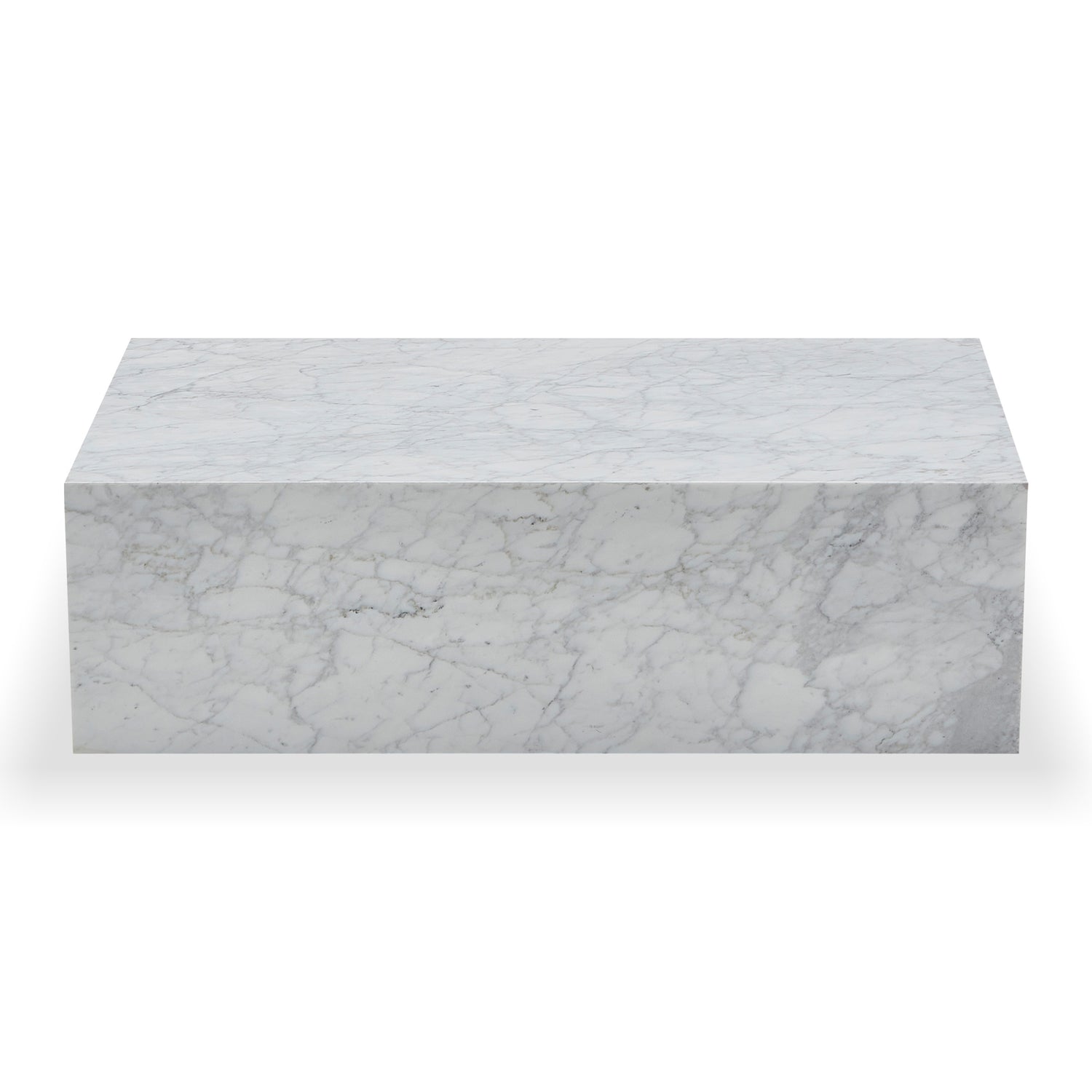 Solene 100cm Coffee Table in Carrara, featuring a sleek rectangular marble slab with natural veining, set on a plain background, embodying minimalist elegance for refined home decor.