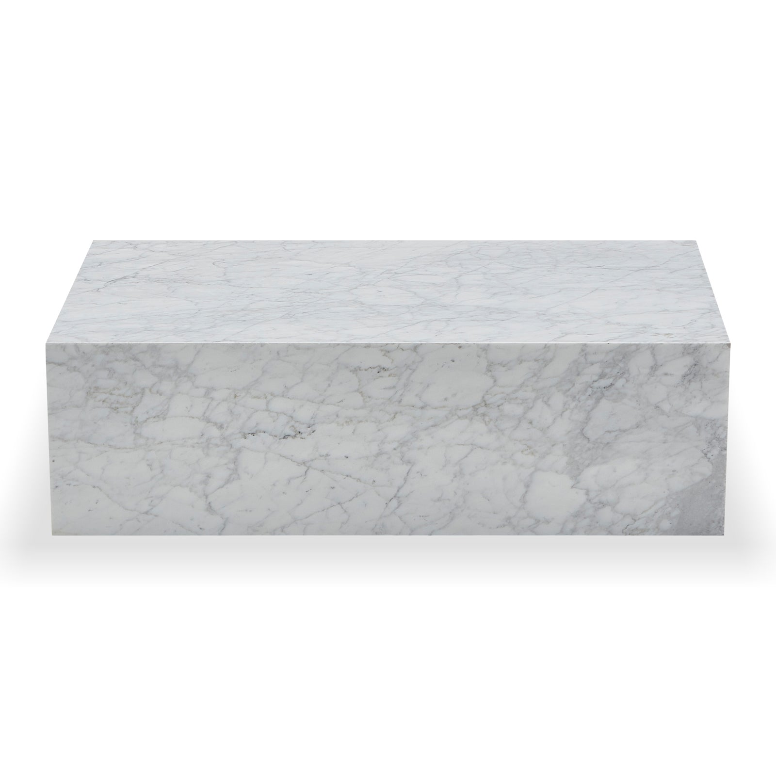Solene 100cm Coffee Table in Carrara, featuring a sleek rectangular marble slab with natural veining, set on a plain background, embodying minimalist elegance for refined home decor.