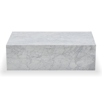 Solene 100cm Coffee Table in Carrara, featuring a sleek rectangular marble slab with natural veining, set on a plain background, embodying minimalist elegance for refined home decor.