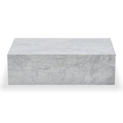 Solene 100cm Coffee Table in Carrara, featuring a sleek rectangular marble slab with natural veining, set on a plain background, embodying minimalist elegance for refined home decor.