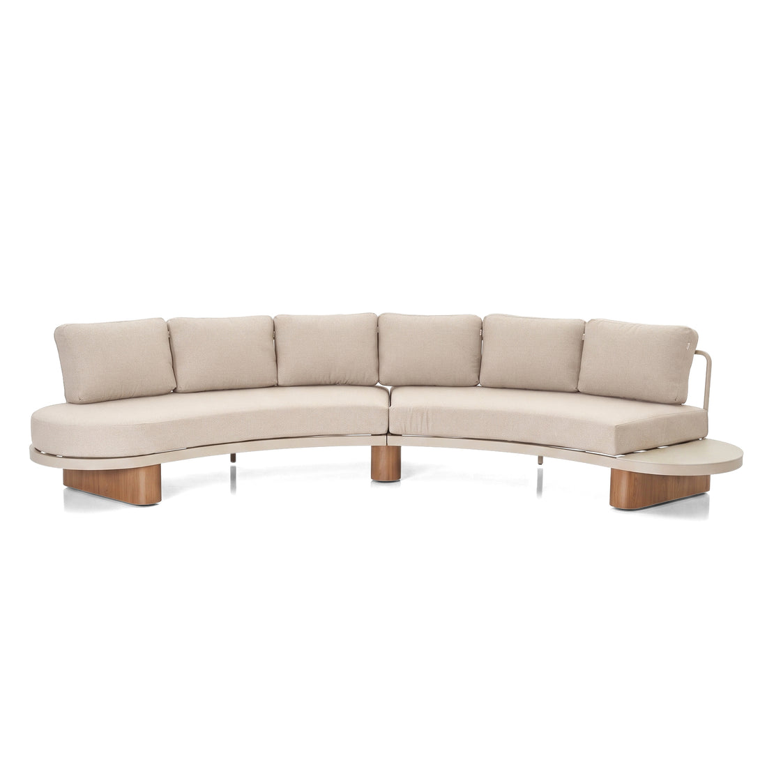 Curved sectional sofa with integrated side table on a white background
