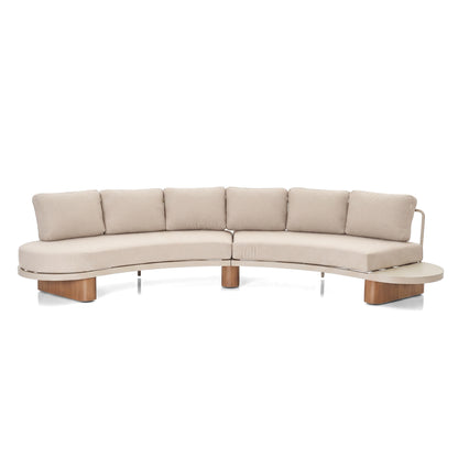 Curved sectional sofa with integrated side table on a white background