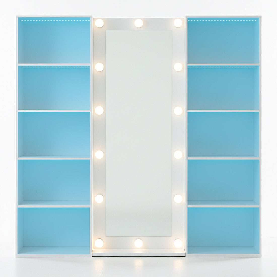 Vanity unit with illuminated mirror and contrasting shelves on white background