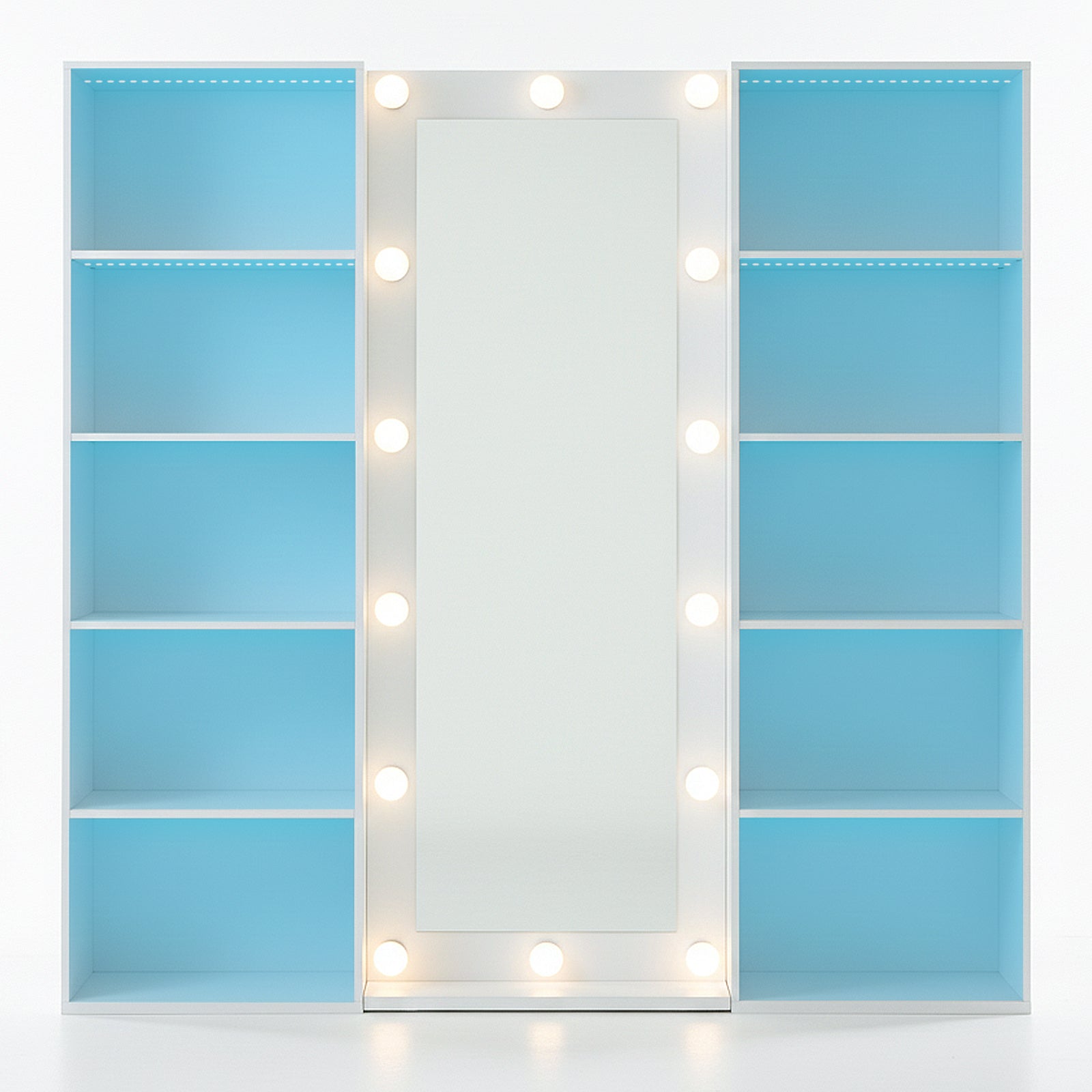 Vanity unit with illuminated mirror and contrasting shelves on white background