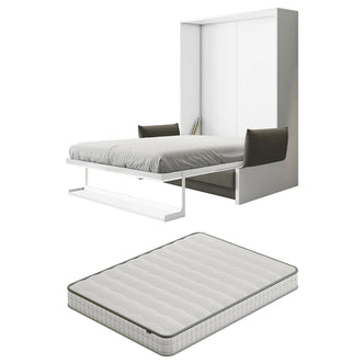 Byron Queen Murphy Bed with Mattress in White & Grey, shown open with a white frame, two grey side cushions, and a standalone mattress, illustrating space-saving design and modern aesthetics.