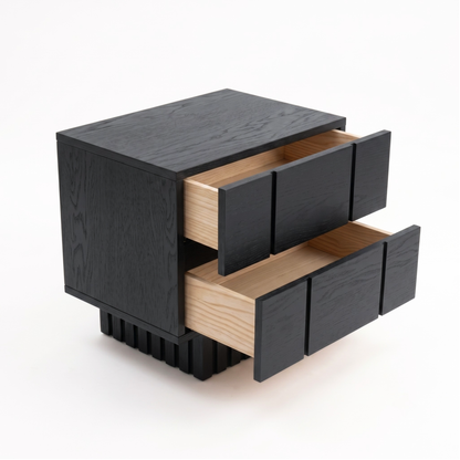 Black nightstand with open drawers on a white background