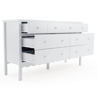 White eight-drawer dresser with some drawers open on white background