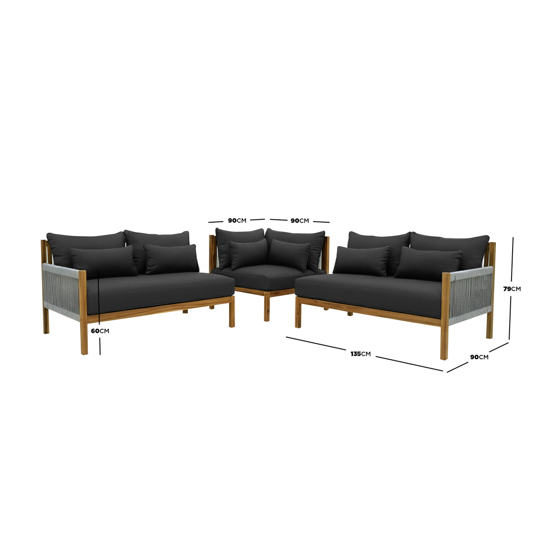 Tavi 5 Seater Solid Timber L Shape Outdoor Sofa features a wooden frame with woven-rope sides, thick black cushions, and forms an L-shape, ideal for patio or garden relaxation.