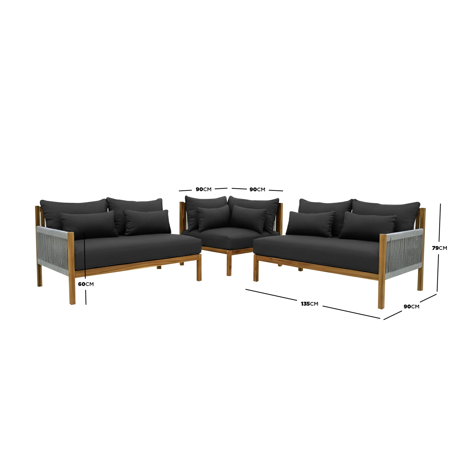 Tavi 5 Seater Solid Timber L Shape Outdoor Sofa features a wooden frame with woven-rope sides, thick black cushions, and forms an L-shape, ideal for patio or garden relaxation.