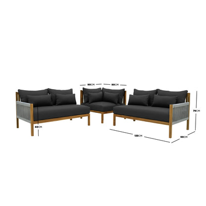 Tavi 5 Seater Solid Timber L Shape Outdoor Sofa features a wooden frame with woven-rope sides, thick black cushions, and forms an L-shape, ideal for patio or garden relaxation.