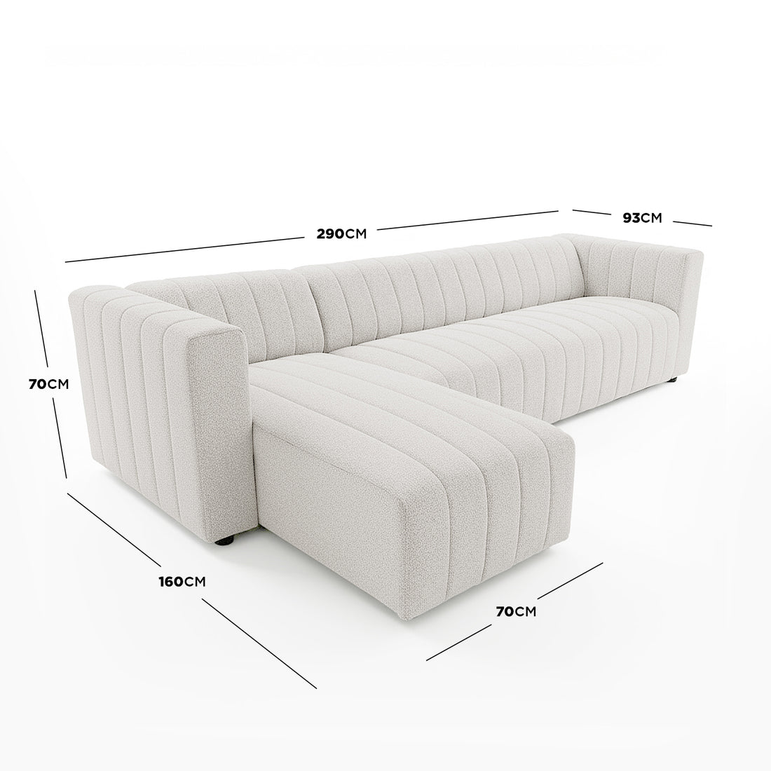 Parisa 4 Seater Tufted Boucle Sofa with Chaise in Cream White, featuring L-shape design, bouclé upholstery, vertical channel tufting, and generous dimensions with chaise section.