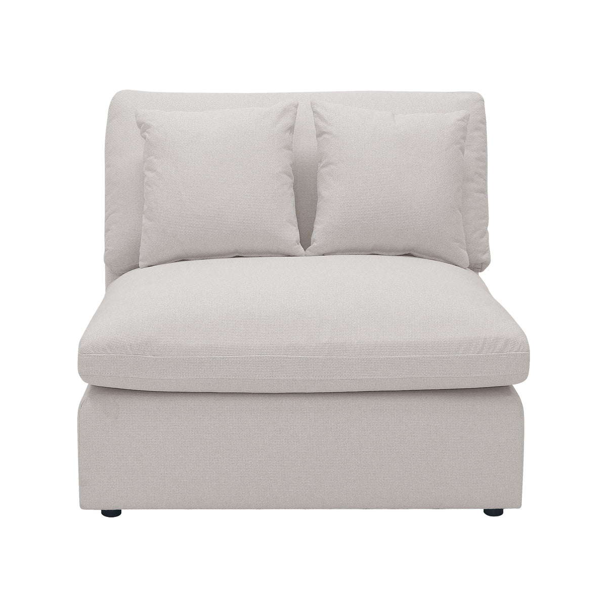 Light beige armless sofa chair with two pillows on a white background