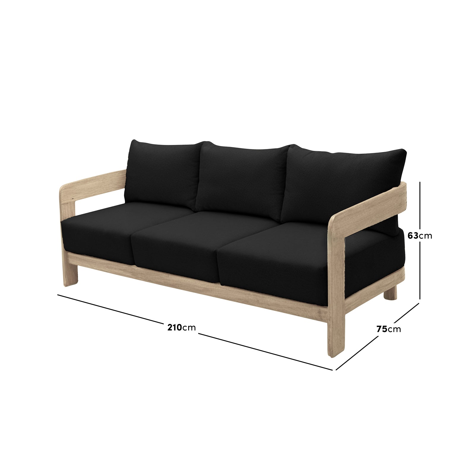 Elani 5 Seater Acacia Hardwood Outdoor Sofa Set features a light-wood frame with black cushions, measuring 210cm wide, 75cm deep, and 63cm high, enhancing outdoor relaxation and elegance.