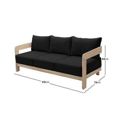 Elani 5 Seater Acacia Hardwood Outdoor Sofa Set features a light-wood frame with black cushions, measuring 210cm wide, 75cm deep, and 63cm high, enhancing outdoor relaxation and elegance.