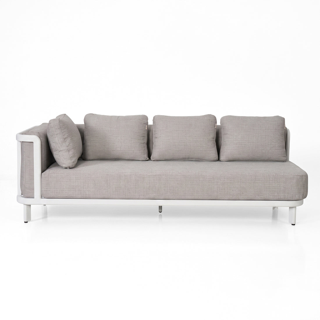 Modern light gray sofa with three back cushions and one arm cushion on a white background.